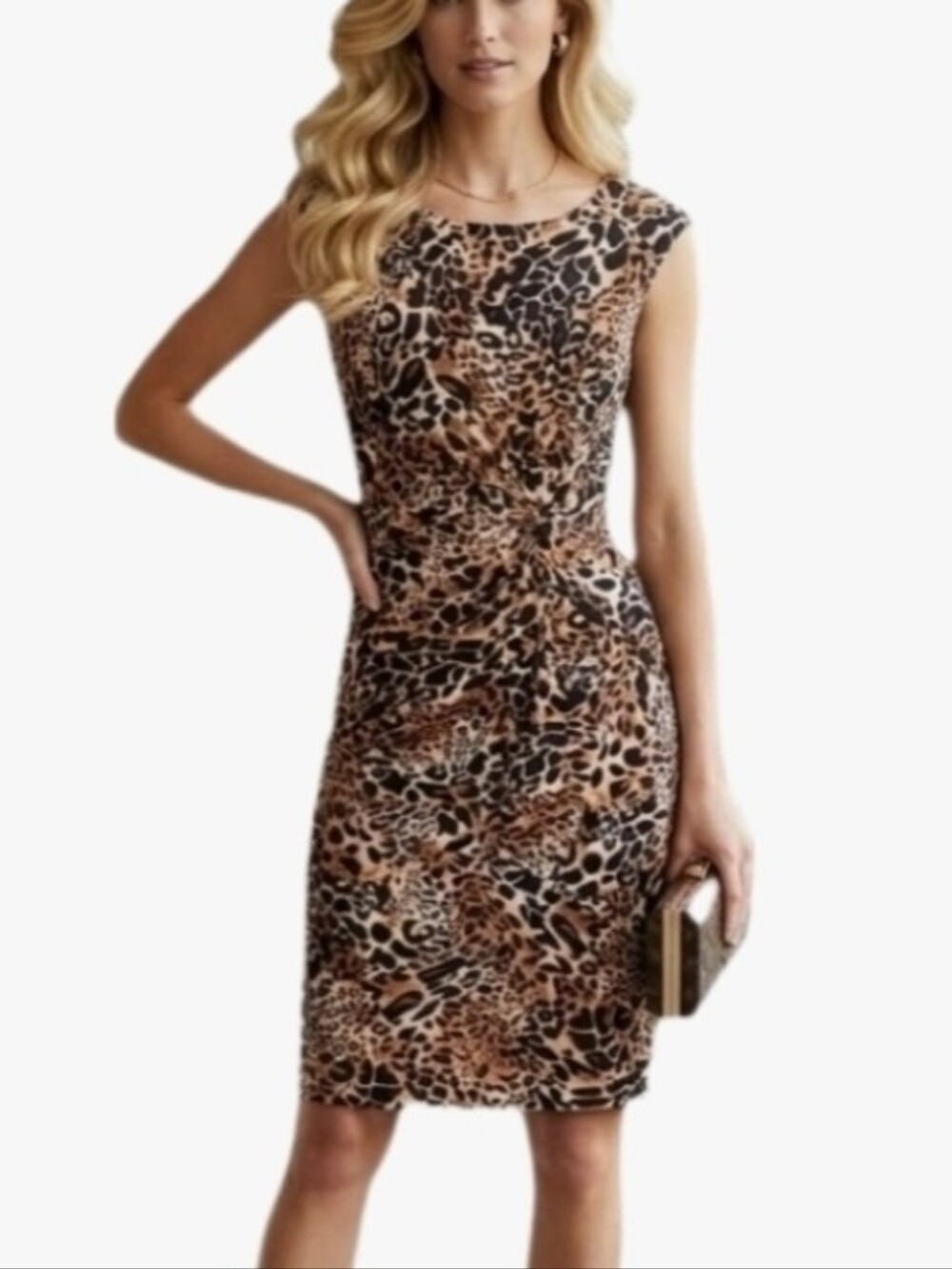 Black Label Dress By Evan Picone Animal Fuax Wrap Waist Brown Size 6